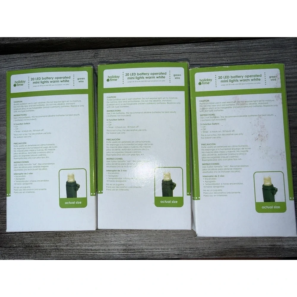 Lot of 3 Holiday Time 20 LED Battery Operated Mini Lights Warm White Green Wire